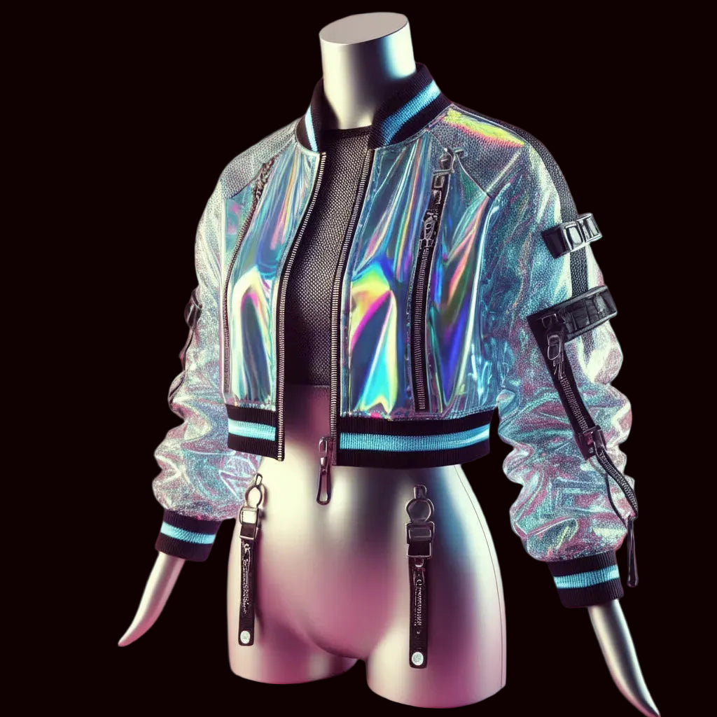 Holographic jacket on a mannequin in a futuristic setting with neon lights.