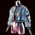 Holographic jacket on a mannequin in a futuristic setting with neon lights.